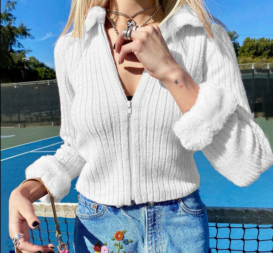 Coquette Aesthetic Faux Fur Zip Top Cardigan - Y2K Fashion Women's Grunge Style Sweater