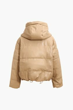 Coquette Aesthetic Faux Leather Hooded Puffer Jacket