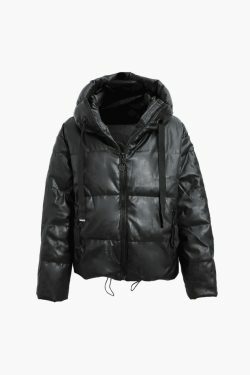 Coquette Aesthetic Faux Leather Hooded Puffer Jacket