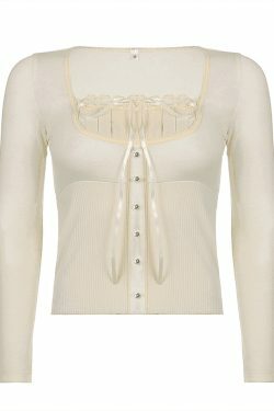 Coquette Aesthetic Fleece Bow-Neck Ribbed Lace Blouse