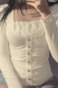 Coquette Aesthetic Fleece Bow-Neck Ribbed Lace Blouse