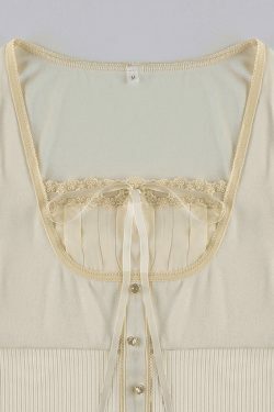 Coquette Aesthetic Fleece Bow-Neck Ribbed Lace Blouse