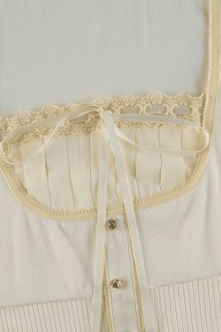 Coquette Aesthetic Fleece Bow-Neck Ribbed Lace Blouse