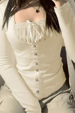Coquette Aesthetic Fleece Bow-Neck Ribbed Lace Blouse