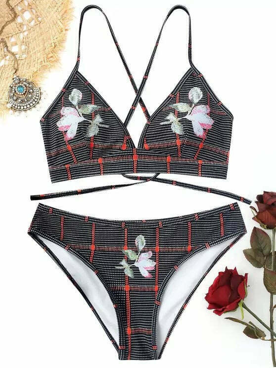Coquette Aesthetic Floral Back Lace-Up Bikini - Trendy Y2K Fashion Swimwear