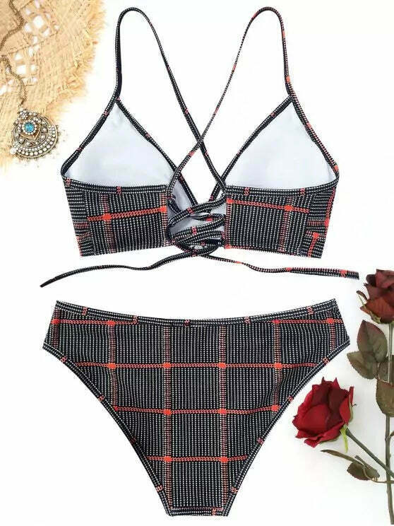 Coquette Aesthetic Floral Back Lace-Up Bikini - Trendy Y2K Fashion Swimwear