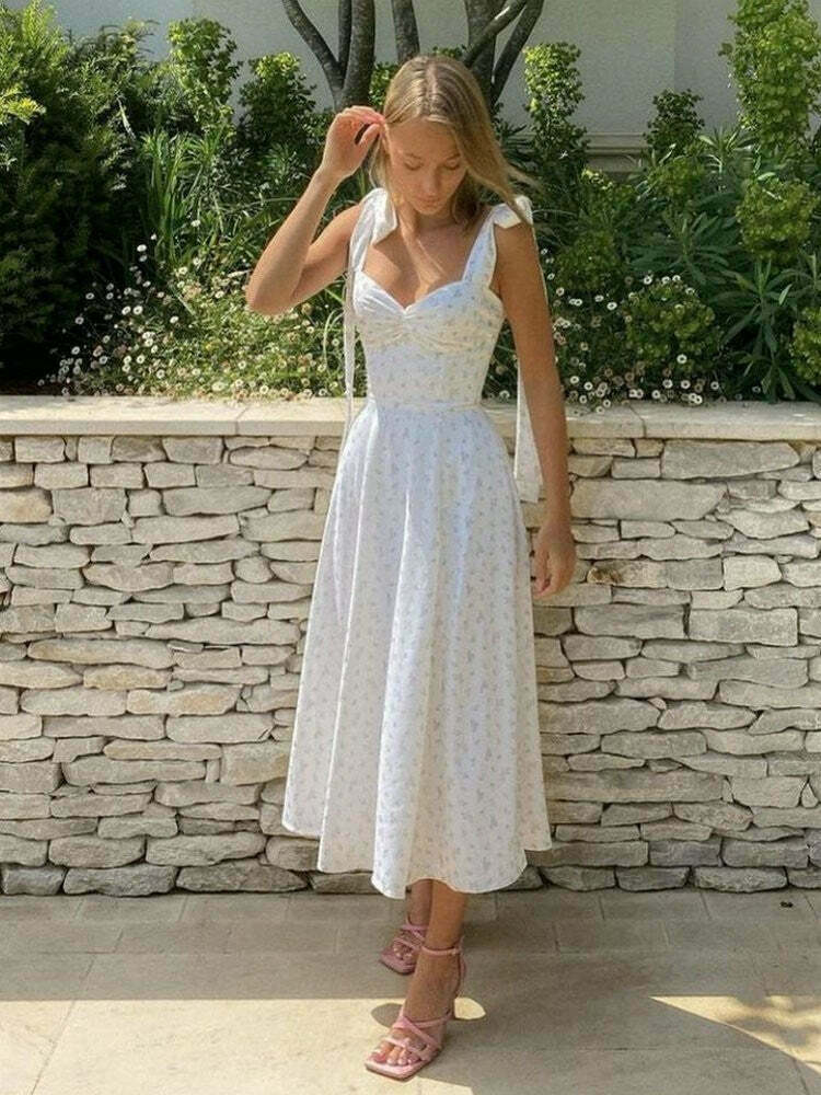 Coquette Aesthetic Floral Print Dress with Knot Straps - Y2K Fashion for Women