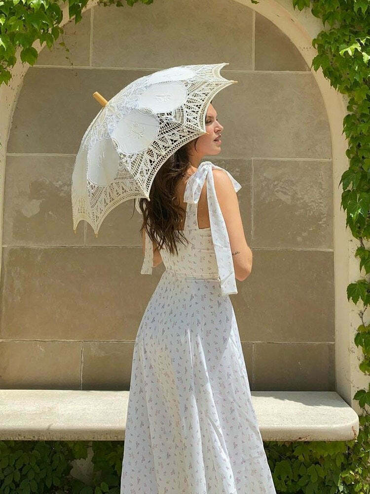 Coquette Aesthetic Floral Print Dress with Knot Straps - Y2K Fashion for Women