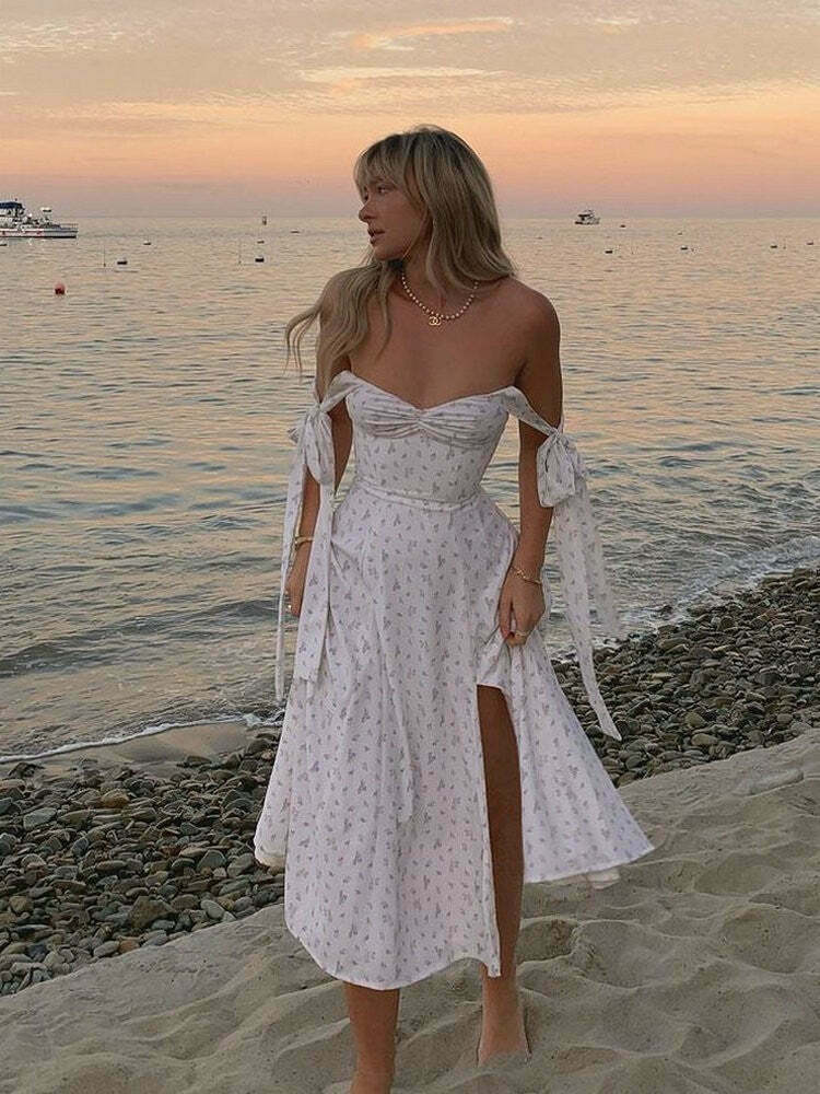 Coquette Aesthetic Floral Print Dress with Knot Straps - Y2K Fashion for Women