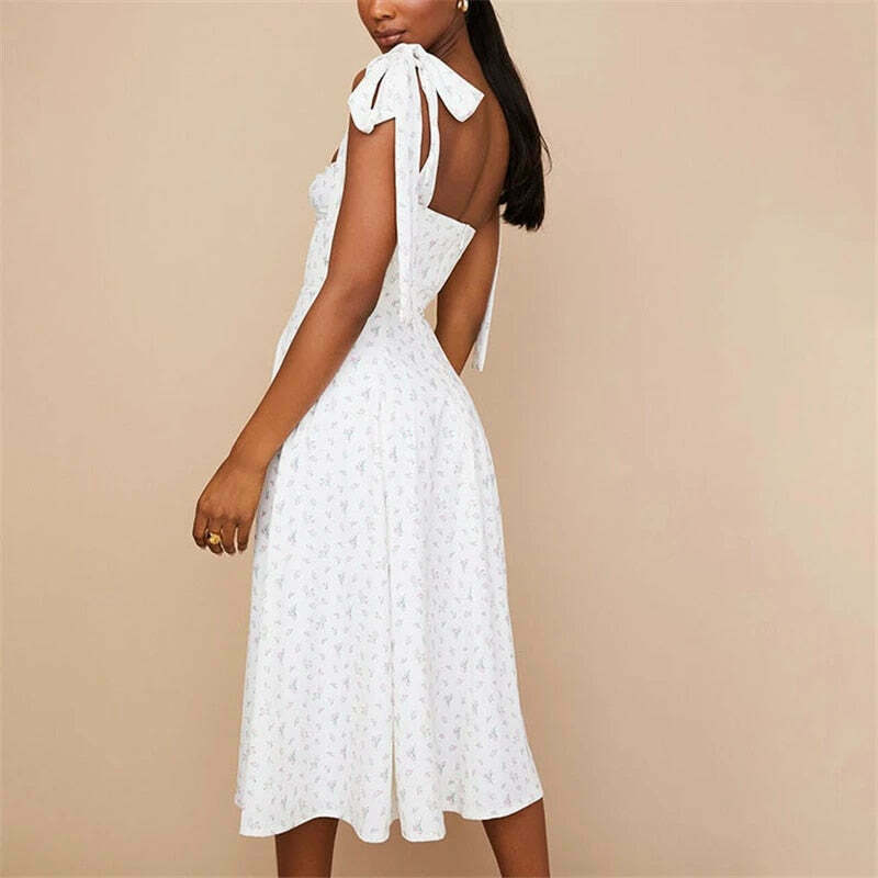 Coquette Aesthetic Floral Print Dress with Knot Straps - Y2K Fashion for Women