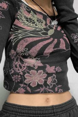 Coquette Aesthetic Floral Print Ribbed Slim Long Sleeve Knit Sweater
