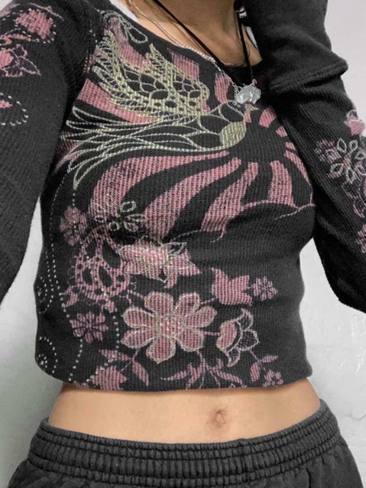 Coquette Aesthetic Floral Print Ribbed Slim Long Sleeve Knit Sweater Coquette Aesthetic Floral Print Ribbed Slim Long Sleeve Knit Sweater