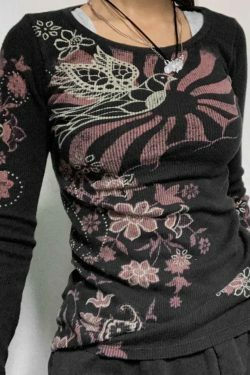 Coquette Aesthetic Floral Print Ribbed Slim Long Sleeve Knit Sweater