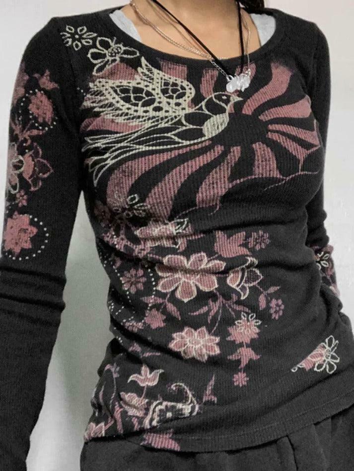 Coquette Aesthetic Floral Print Ribbed Slim Long Sleeve Knit Sweater Coquette Aesthetic Floral Print Ribbed Slim Long Sleeve Knit Sweater