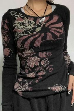 Coquette Aesthetic Floral Print Ribbed Slim Long Sleeve Knit Sweater