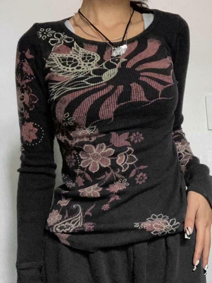 Coquette Aesthetic Floral Print Ribbed Slim Long Sleeve Knit Sweater Coquette Aesthetic Floral Print Ribbed Slim Long Sleeve Knit Sweater