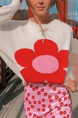 Coquette Aesthetic Flower Pattern Oversized Sweater