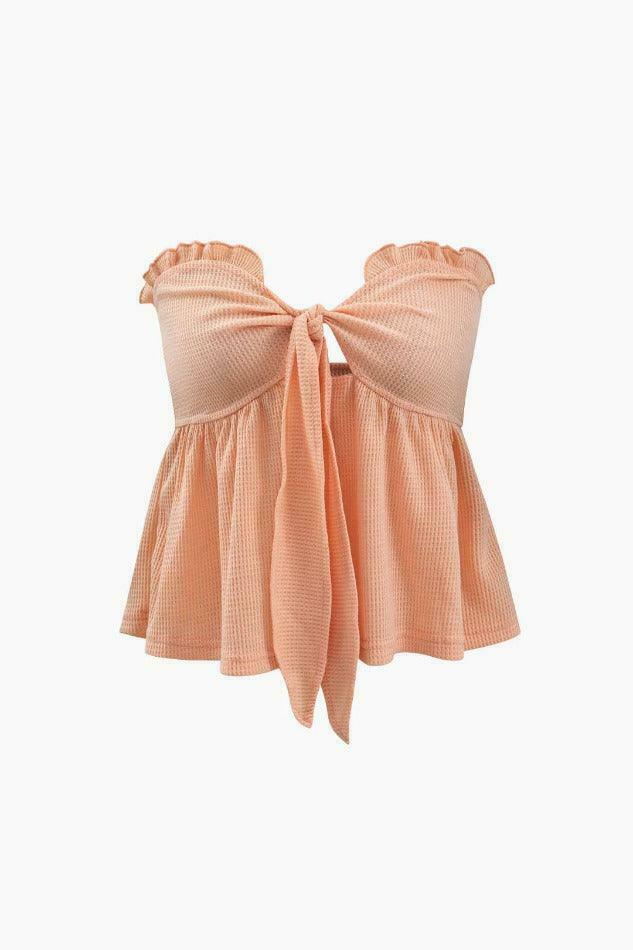 Coquette Aesthetic Frill Trim Knot Front Tube Top - Y2K Fashion Statement Piece
