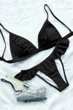 Coquette Aesthetic Frilly Cami High Leg Bikini Set