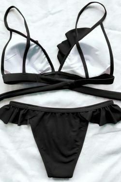 Coquette Aesthetic Frilly Cami High Leg Bikini Set