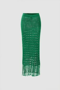 Coquette Aesthetic Fringe Hem Openwork Knit Cargo Skirt