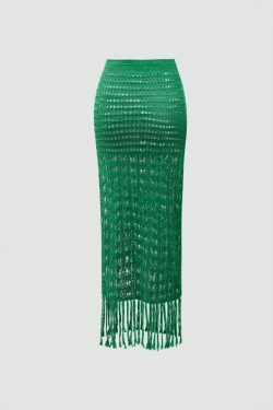 Coquette Aesthetic Fringe Hem Openwork Knit Cargo Skirt