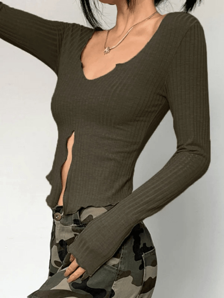 Coquette Aesthetic Fungus Slit Slim Long Sleeve Tee - Y2K Fashion Women's Top