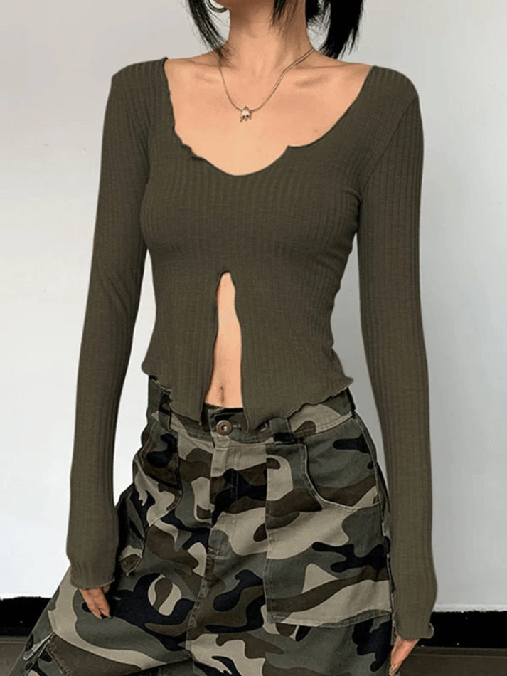 Coquette Aesthetic Fungus Slit Slim Long Sleeve Tee - Y2K Fashion Women's Top