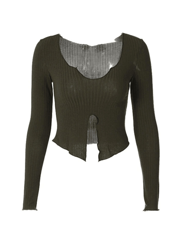 Coquette Aesthetic Fungus Slit Slim Long Sleeve Tee - Y2K Fashion Women's Top