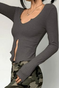 Coquette Aesthetic Fungus Slit Slim Long Sleeve Tee - Y2K Fashion Women's Top