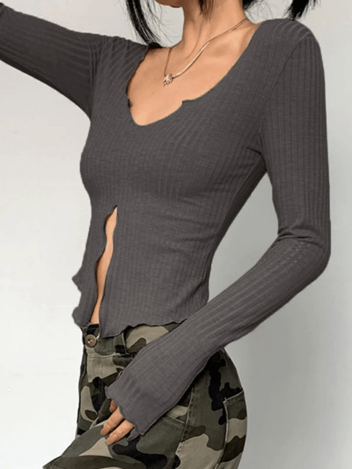 Coquette Aesthetic Fungus Slit Slim Long Sleeve Tee - Y2K Fashion Women's Top