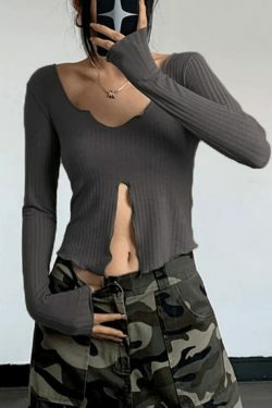 Coquette Aesthetic Fungus Slit Slim Long Sleeve Tee - Y2K Fashion Women's Top