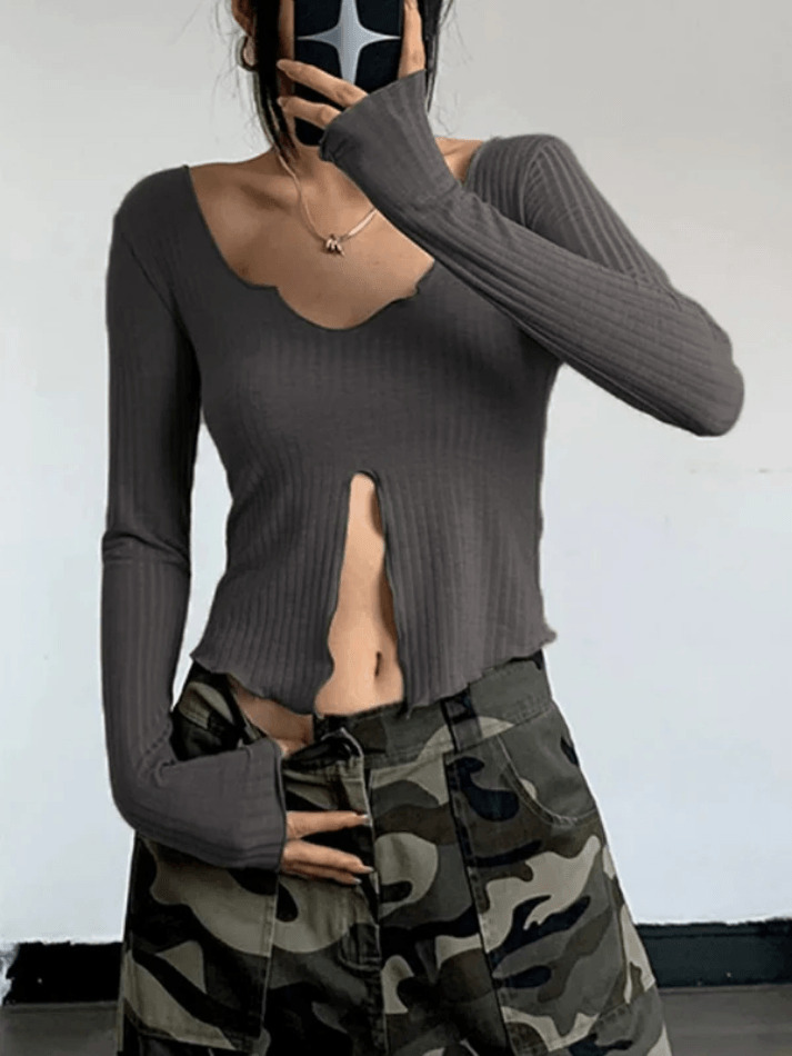 Coquette Aesthetic Fungus Slit Slim Long Sleeve Tee - Y2K Fashion Women's Top