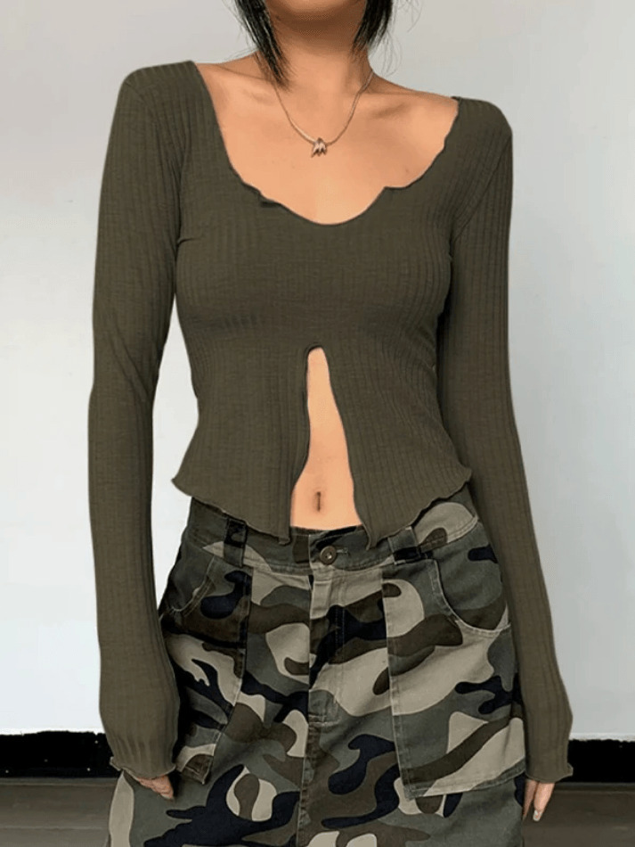 Coquette Aesthetic Fungus Slit Slim Long Sleeve Tee - Y2K Fashion Women's Top