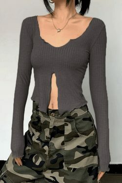 Coquette Aesthetic Fungus Slit Slim Long Sleeve Tee - Y2K Fashion Women's Top