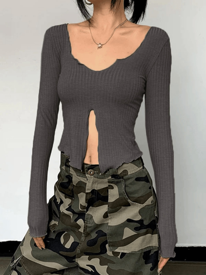 Coquette Aesthetic Fungus Slit Slim Long Sleeve Tee - Y2K Fashion Women's Top