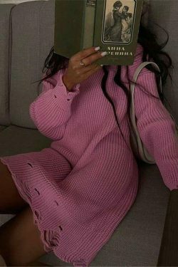 Coquette Aesthetic Fuzzy Knit Sweater Dress - Y2K Fashion for Women