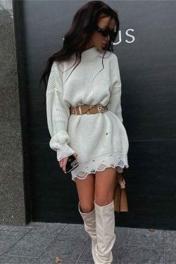 Coquette Aesthetic Fuzzy Knit Sweater Dress - Y2K Fashion for Women