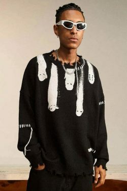 Coquette Aesthetic Ghost Graphic Knitted Sweater for Y2K Fashion and Grunge Style