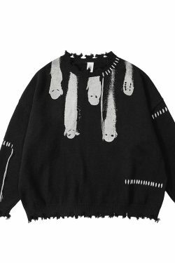 Coquette Aesthetic Ghost Graphic Knitted Sweater for Y2K Fashion and Grunge Style