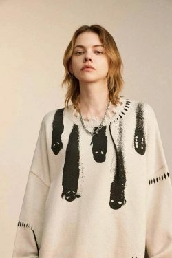 Coquette Aesthetic Ghost Graphic Knitted Sweater for Y2K Fashion and Grunge Style