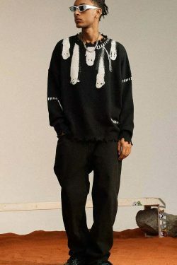 Coquette Aesthetic Ghost Graphic Knitted Sweater for Y2K Fashion and Grunge Style