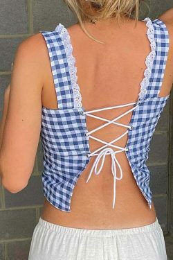 Coquette Aesthetic Gingham Glam Backless Camisole - Y2K Fashion for Women