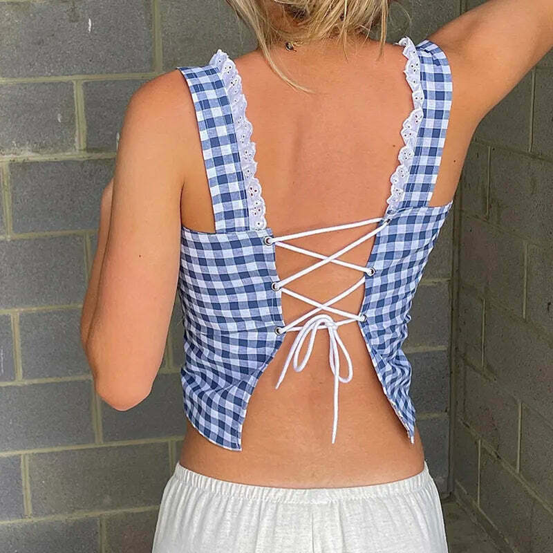 Coquette Aesthetic Gingham Glam Backless Camisole - Y2K Fashion for Women Coquette Aesthetic Gingham Glam Backless Camisole - Y2K Fashion for Women