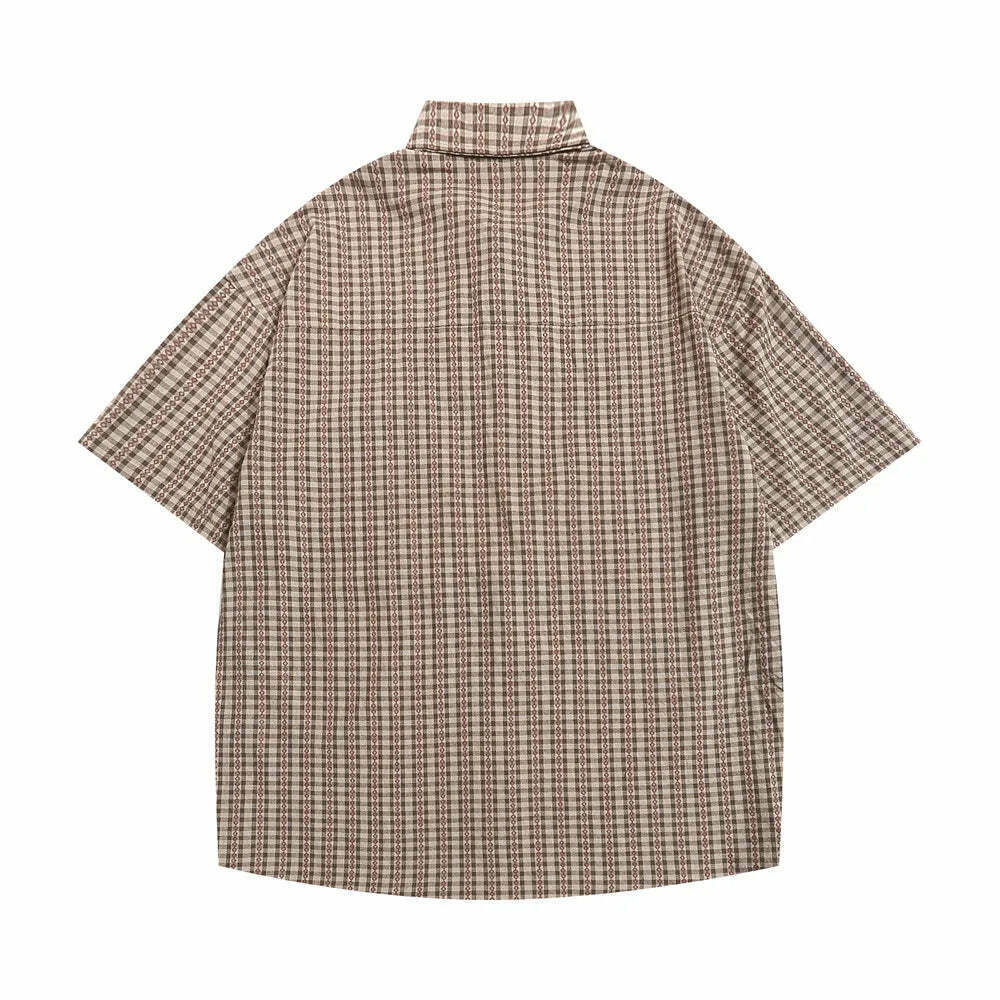 Coquette Aesthetic Gingham Grandad Shirt - Y2K Fashion Half Sleeve Top Coquette Aesthetic Gingham Grandad Shirt - Y2K Fashion Half Sleeve Top