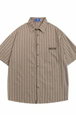 Coquette Aesthetic Gingham Grandad Shirt - Y2K Fashion Half Sleeve Top