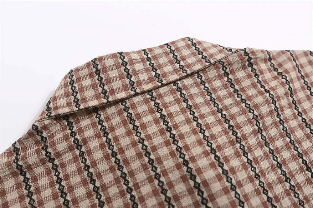 Coquette Aesthetic Gingham Grandad Shirt - Y2K Fashion Half Sleeve Top Coquette Aesthetic Gingham Grandad Shirt - Y2K Fashion Half Sleeve Top