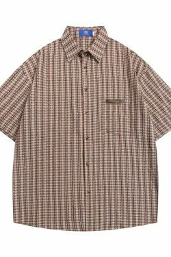 Coquette Aesthetic Gingham Grandad Shirt - Y2K Fashion Half Sleeve Top