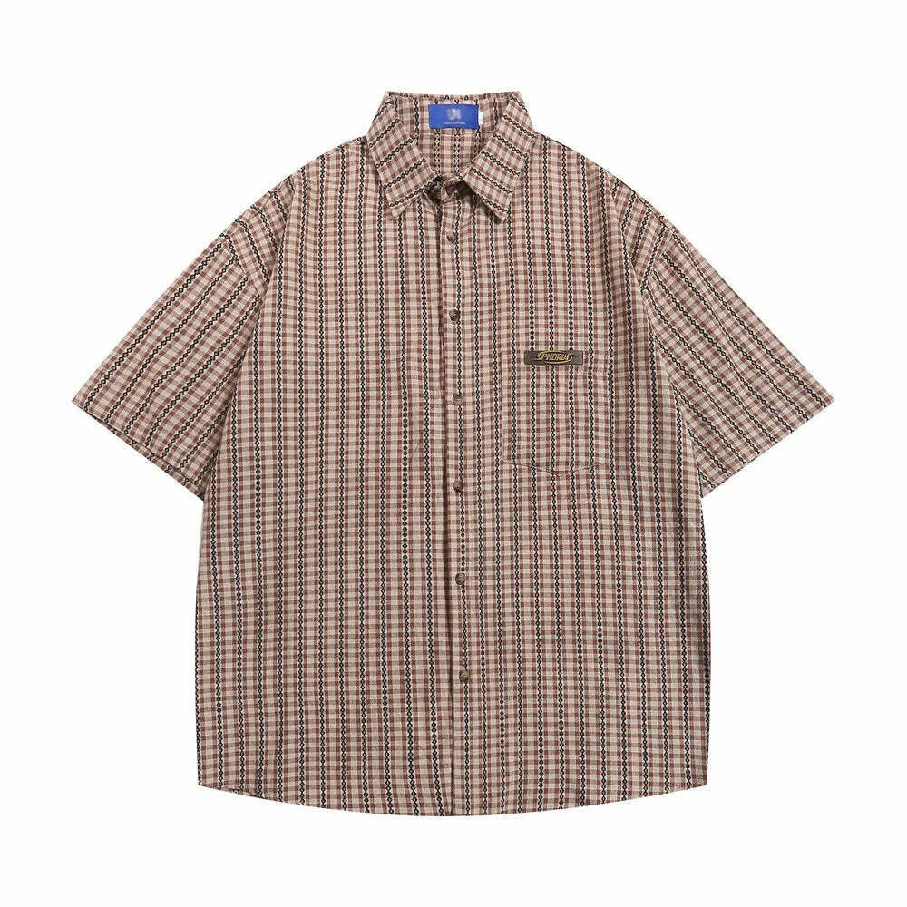 Coquette Aesthetic Gingham Grandad Shirt - Y2K Fashion Half Sleeve Top Coquette Aesthetic Gingham Grandad Shirt - Y2K Fashion Half Sleeve Top