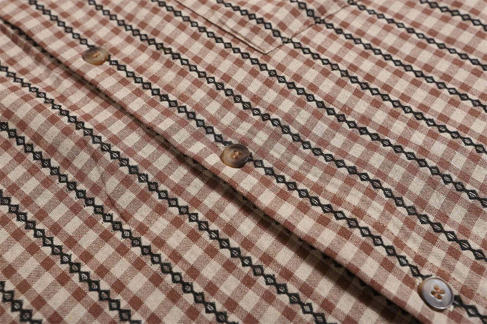 Coquette Aesthetic Gingham Grandad Shirt - Y2K Fashion Half Sleeve Top Coquette Aesthetic Gingham Grandad Shirt - Y2K Fashion Half Sleeve Top